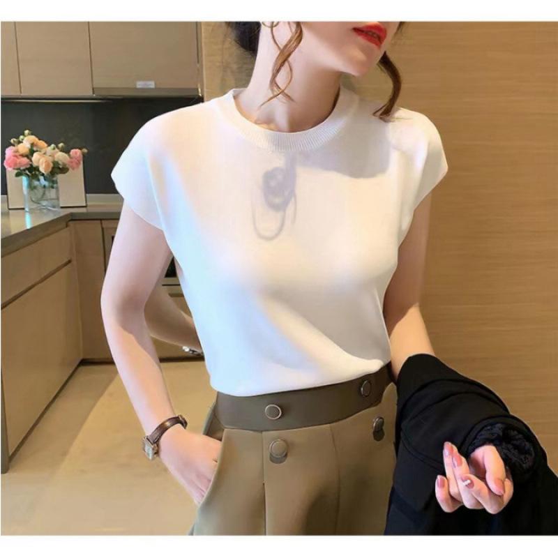 New ice silk knitted sweater women's summer thin shoulder sleeves loose and thin round neck short-sleeved bottoming top