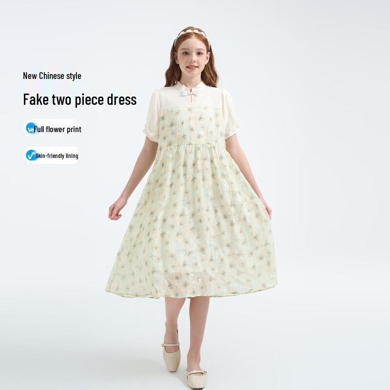 Montagut Girls  New Chinese Style Floral Puff Sleeve Dress 140