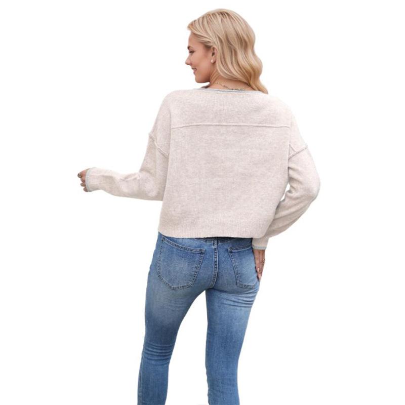 Ladies Autumn Winter Long Sleeve Round Collar Solid Color Pullover Knitted T Shirt Knitwear Top