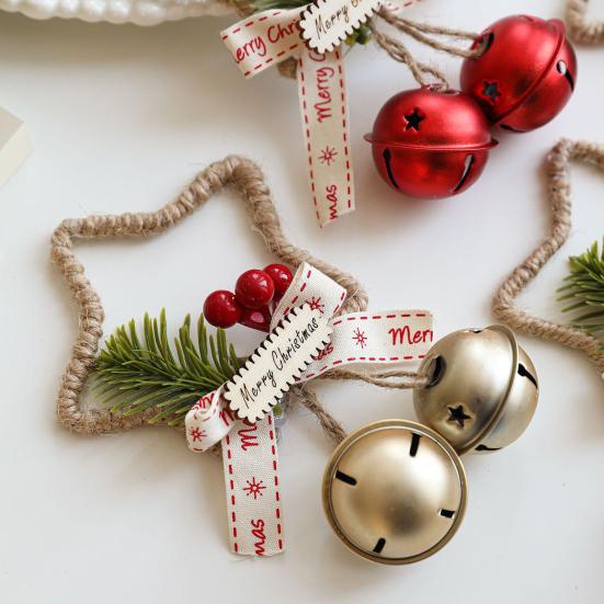 Christmas Jingle Bell Rustic Iron Door Hanging Star Bell with Bow Pine Picks Red Berry for Christmas Wreath Gift Wrapping Craft Home Decor