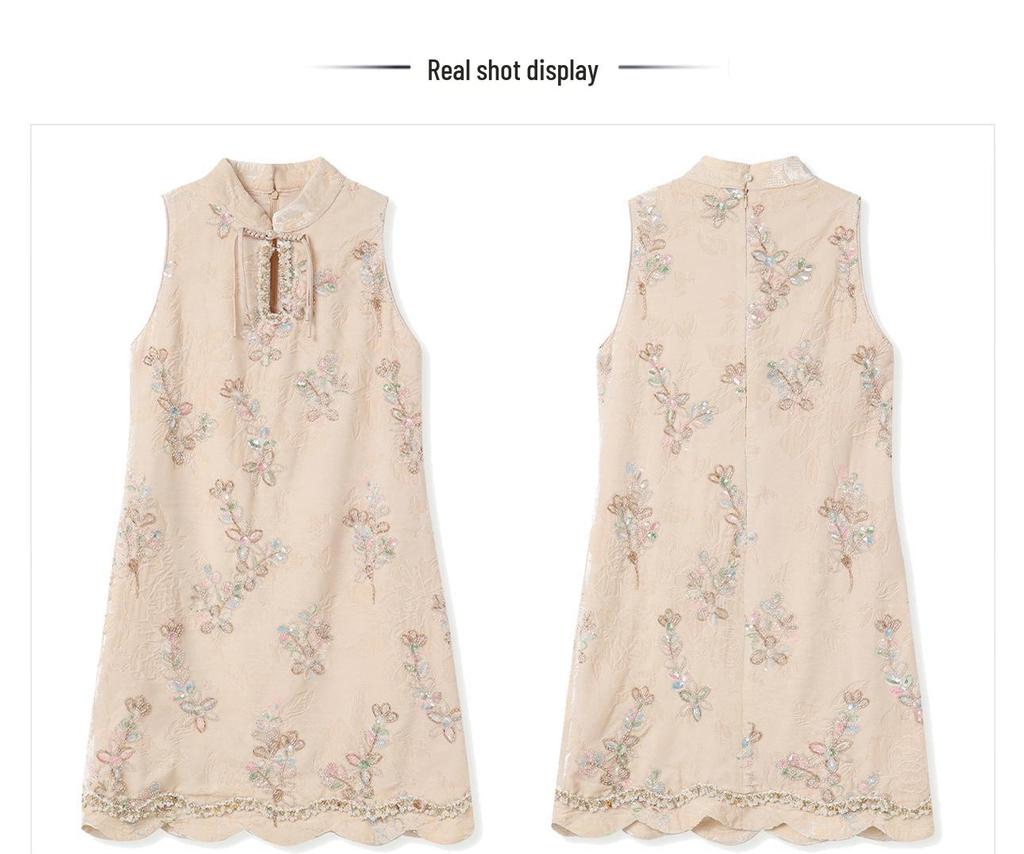 Retro Chinese A-line Sleeveless Floral Dress with Wave Bead Embroidery - Summer Edition P0165