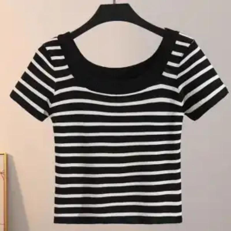 Letni damski prążkowany kwadratowy dekolt dzianinowy crop top