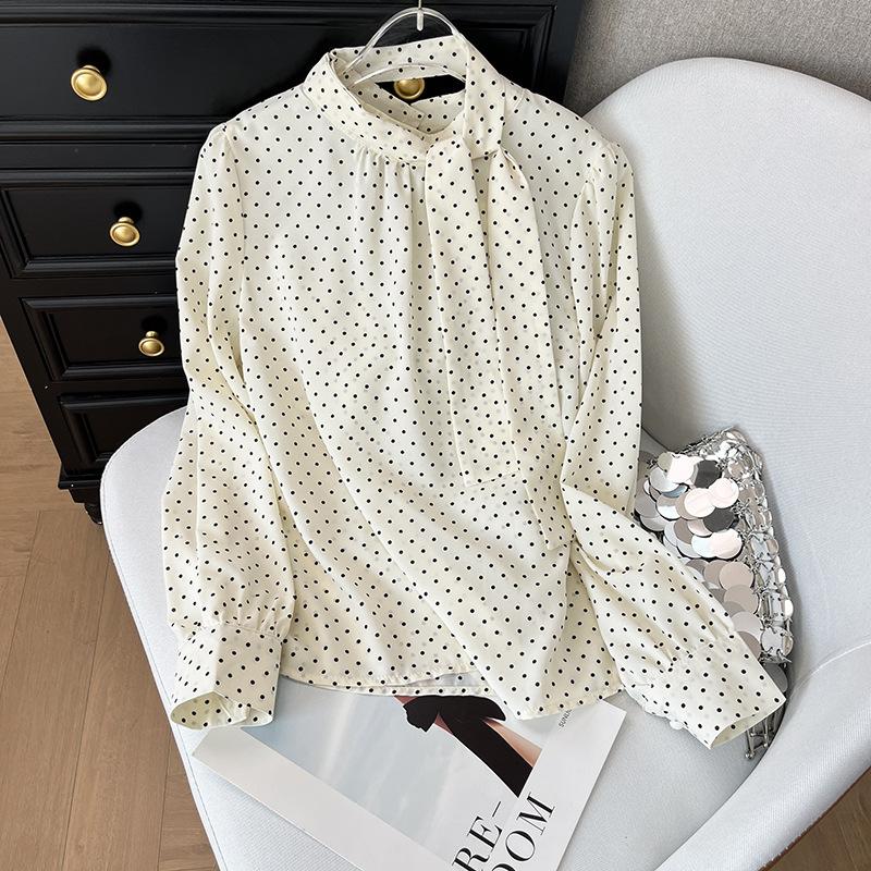 

2025 новая блузка с длинным рукавом и краем в виде гриба, в горошек, свободного кроя, кукольная, женская, маленькая, свежая, рубашка-топ XXXL [Recommended 138-75kg] белый
