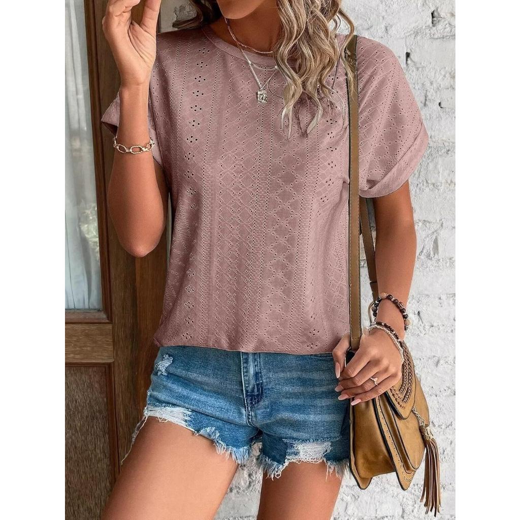 Top Eyelets Summer Spring Curved Hem, Casual Women's Short Sleeved Fashionable T-shirt Beach Vacation Short Style