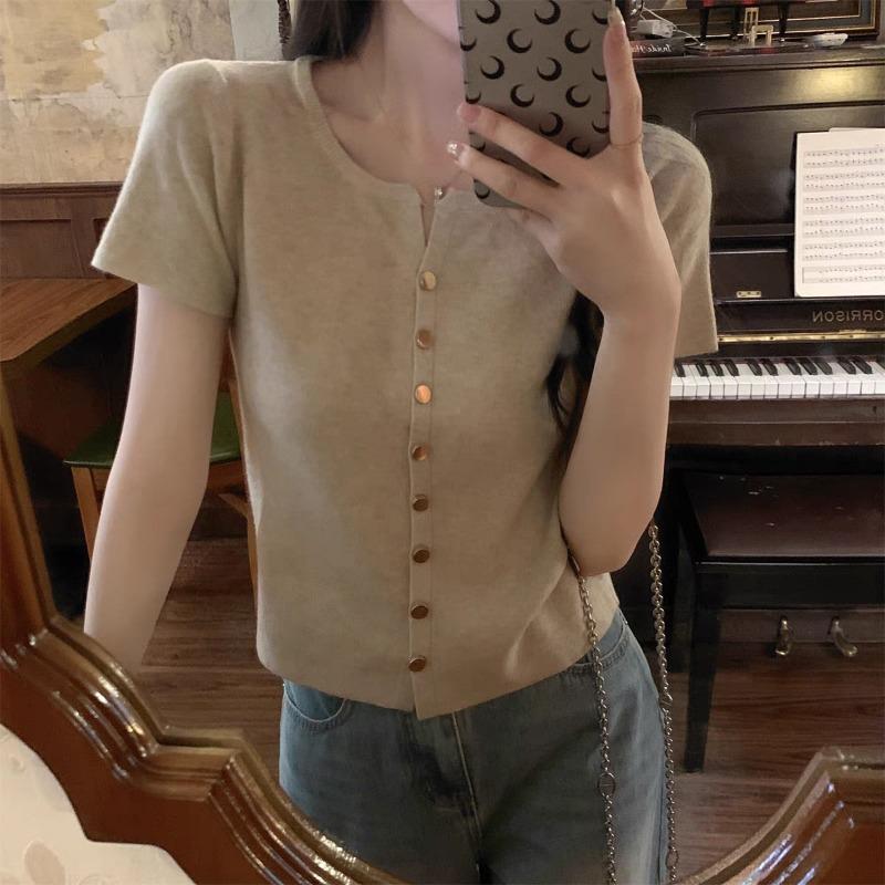 Korean Fashion Short Sleeved Cardigan Knitted Sweater Women Single-breasted V-neck Summer Tops Slim Fit Casual Office Elegant Coats Clothing