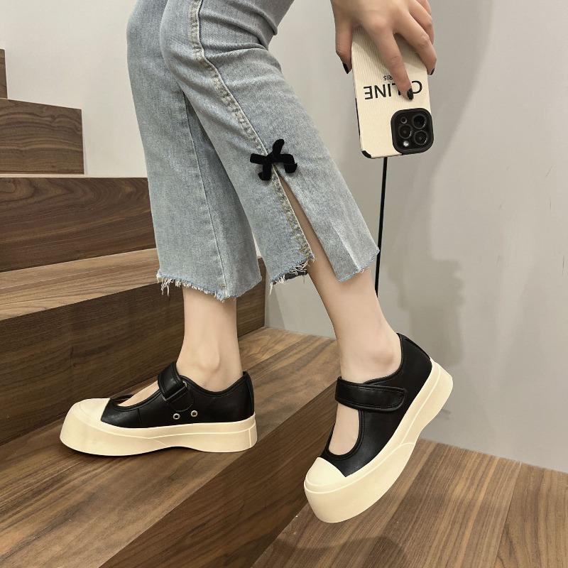 Cowhide Mary Jane women's shoes spring and summer new Velcro platform single shoes retro college style