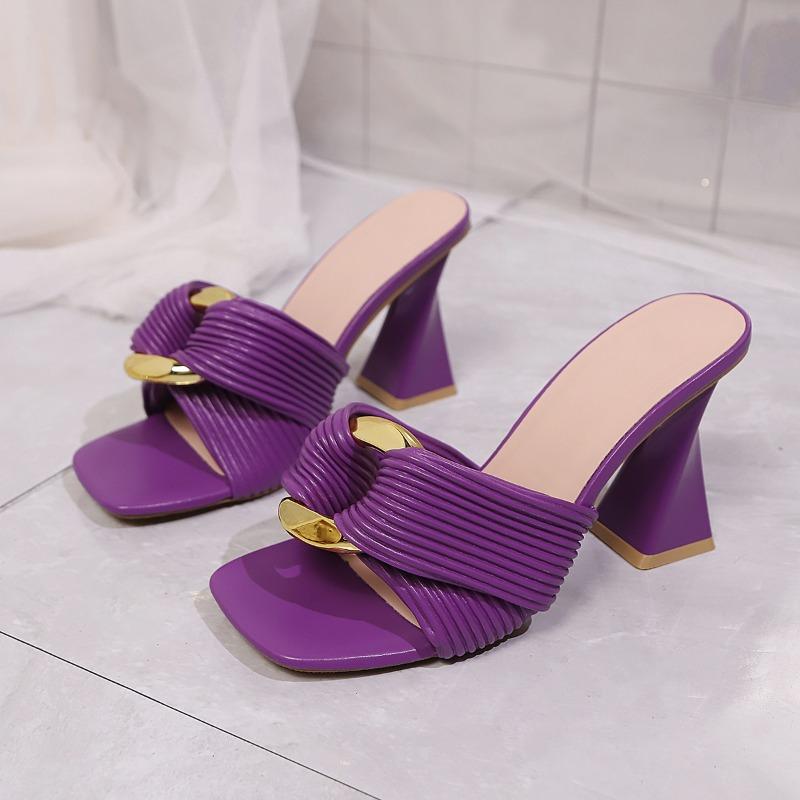 Summer New Slipper with Metal Buckle Block Heel Womens Square Toe Open Toe High Heel Fashion Plus Size Slippers