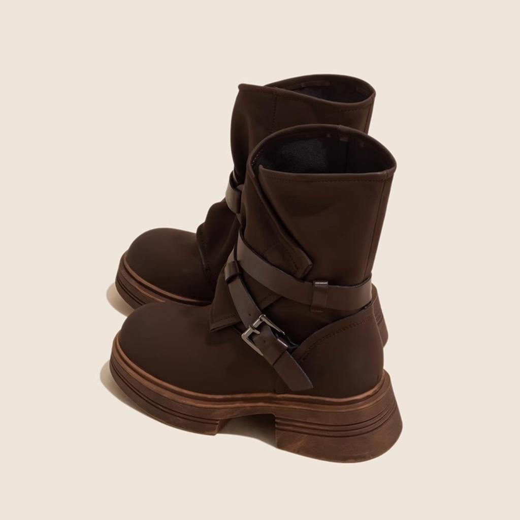 New Autumn and Winter Warm Leather Side Zipper Thick Sole Boots High Street Style Women Vintage Fashion Short Boots