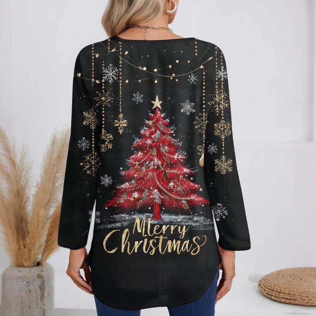 Ladies' Fashionable Casual Christmas Printed T-shirt Long Sleeved V-neck Mid Length Top