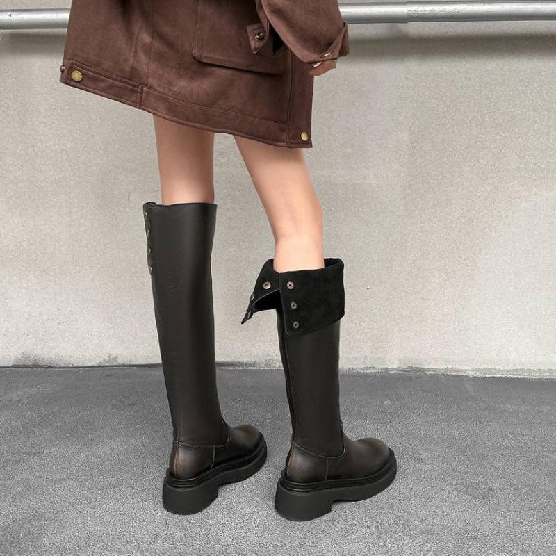 New Women's Versatile Martin Boots Solid Color Medium Heel Large Size Women's Boots Thick-soled Non-slip Round Head Autumn and Winter Leather High 