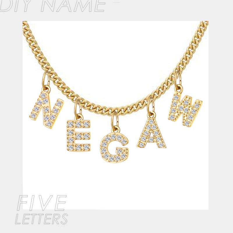DIY Simple English Letter Necklace with Diamond Inlaid Pendant, Stainless Steel Jewelry for Europe and America.