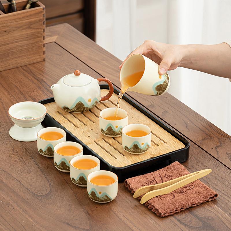 Retro Qingshan Ru Kiln tea set, high-end gift box for elders and leaders