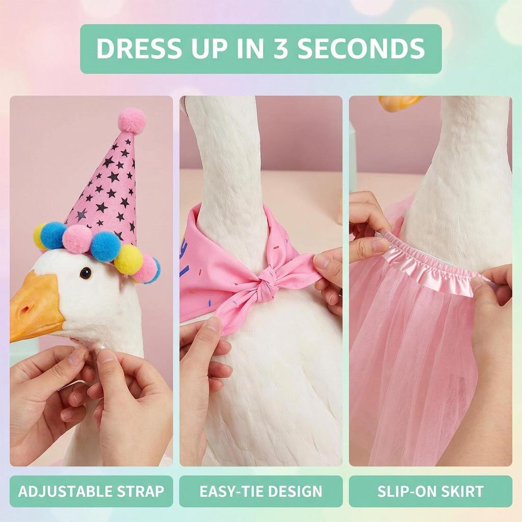 Geburtstagsparty Outfit Set Enthält Tüllrock Elastischer Bund Partyhut mit Bommeln und Bedrucktes Bandana Lätzchen für 23 Zoll Gänse-Dekoration