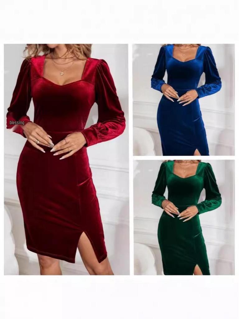 European & American Velvet Dress: 2024 Autumn/Winter Square Neck, Leg-of-Mutton Sleeves, Elegant Slit Slim Fit.
