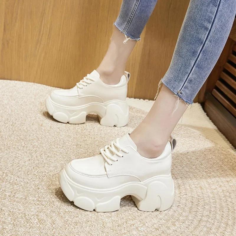 Fashion 7.5CM Full Cow Genuine Leather Black Platform Sneakers Wedge Female Fashion Autumn Spring Casual Ladies Moccasin Woman Shoes