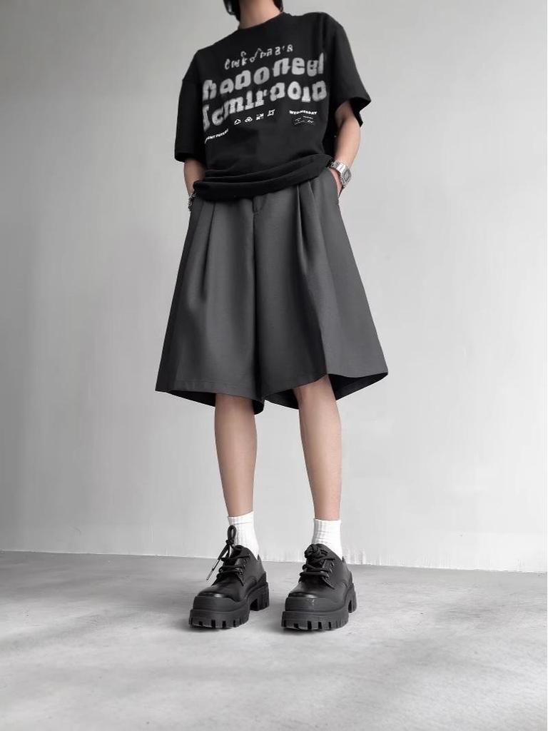 Unisex černé šortky s vysokým pasem áčkového střihu střední délky se širokými nohavicemi - Letní lehké, zeštíhlující, ležérní pětibodový design