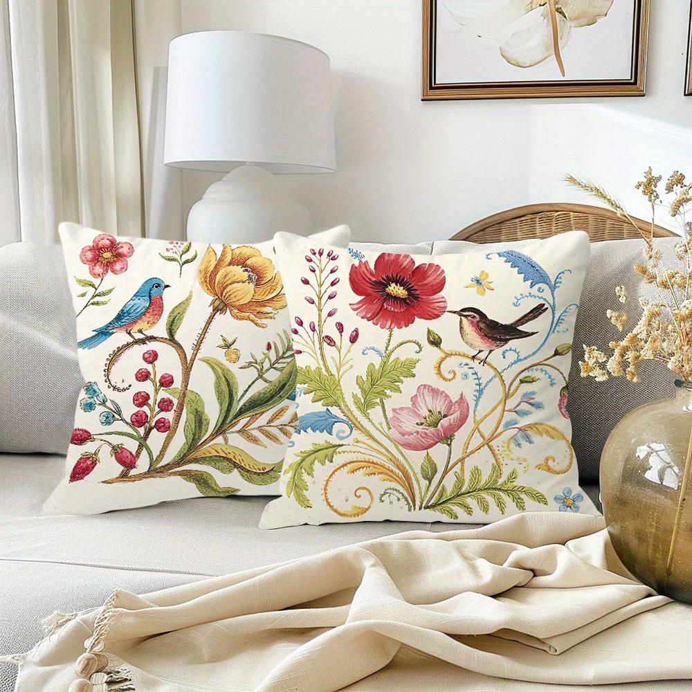 Floral and Fauna-Printed Pillowcases: Birds, Butterflies, and Blooming Flowers Sofa Cushion Cover Home Room Decoration