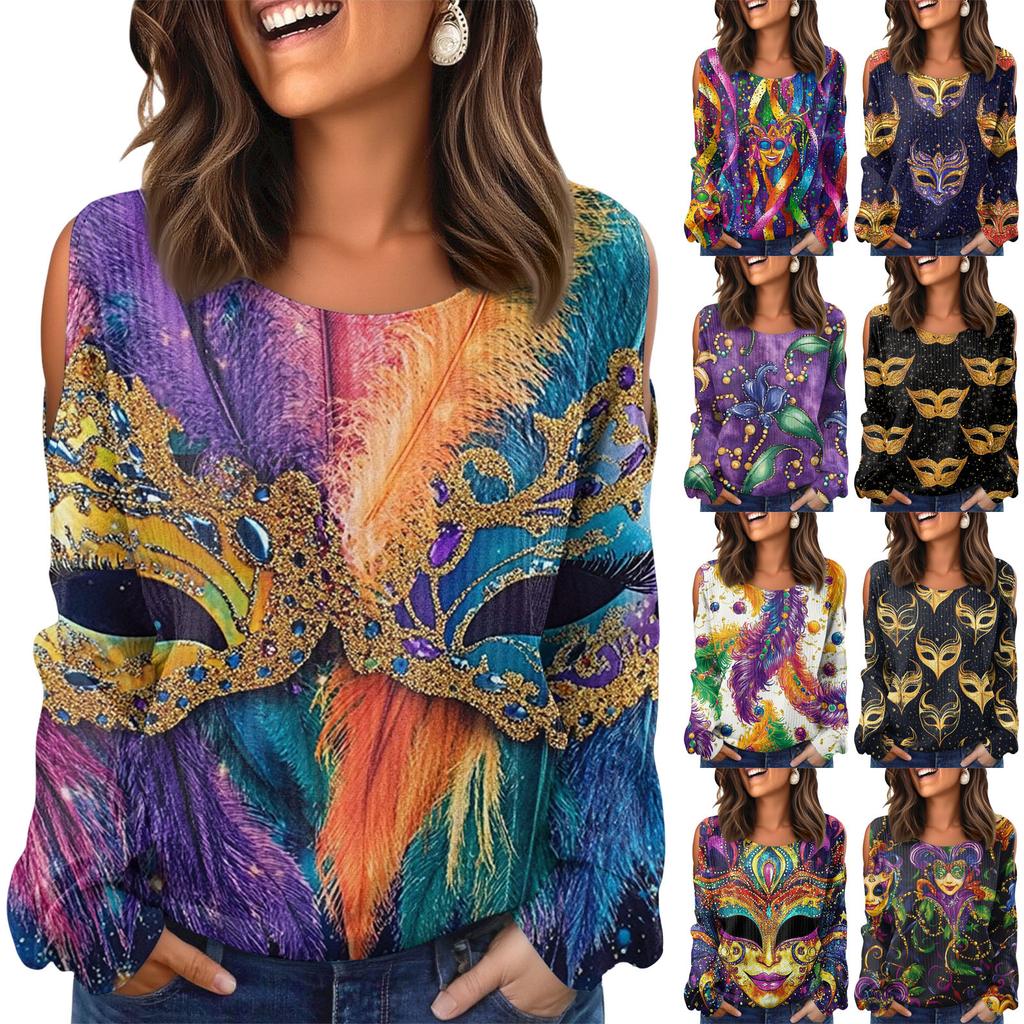 Women's Winter Oversized T-Shirt Fashionable Off-the-Shoulder Round Neck Vintage Floral Print Pullover Long-Sleeved Top