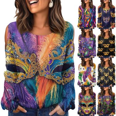 Women's Winter Oversized T-Shirt Fashionable Off-the-Shoulder Round Neck Vintage Floral Print Pullover Long-Sleeved Top