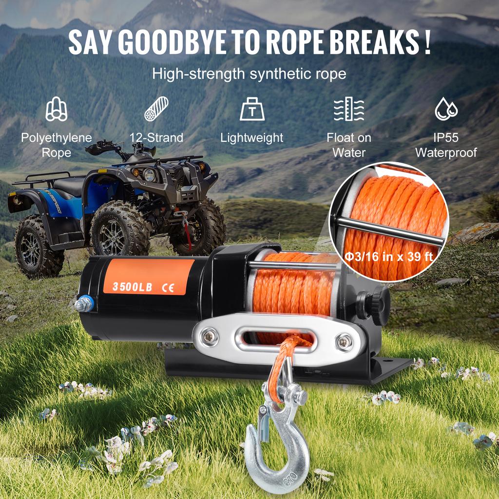 SucceBuy 3500lbs Elektrische Winde ATV/UTV Kabelgebundene Auto Winde mit 39 Fuß Synthetikseil Aluminium IP55 Wasserdicht zum Abschleppen von Boot LKW