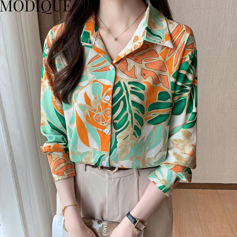 

MODIQUE Весна Лето Большие размеры Женские свободные крутые хлопковые льняные шифоновые блузки с принтом листьев Рубашки Женские базовые повседневные пальто с длинными рукавами