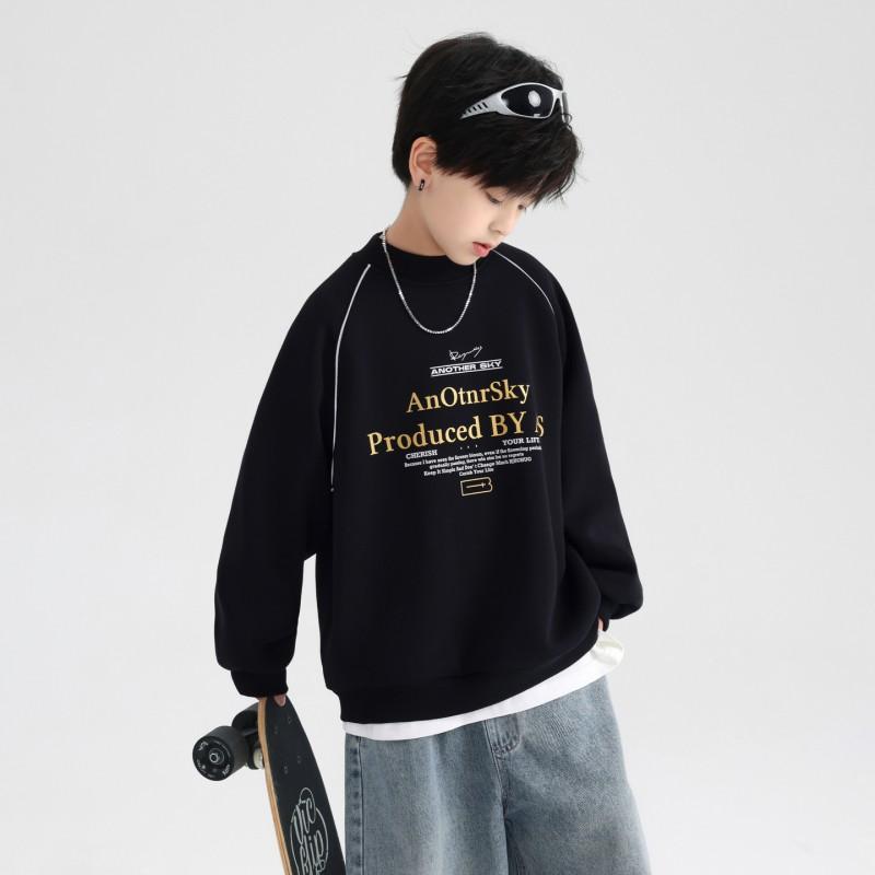 Boys Black Thin Sweatshirt 2026 Fall Teen Kids Loose Fit Sport Top