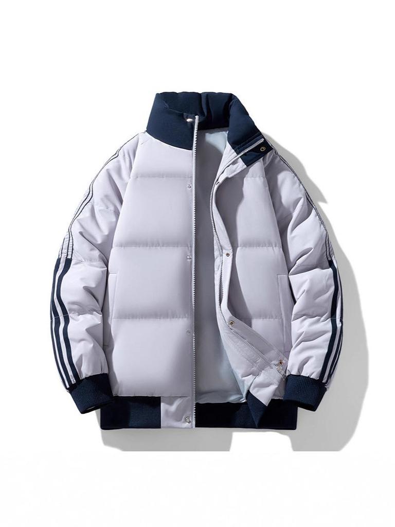 Men's Winter Color Block Stand Collar Jacket: Thick, Warm, Trendy, Versatile, and Casual Striped Outerwear for Couples
