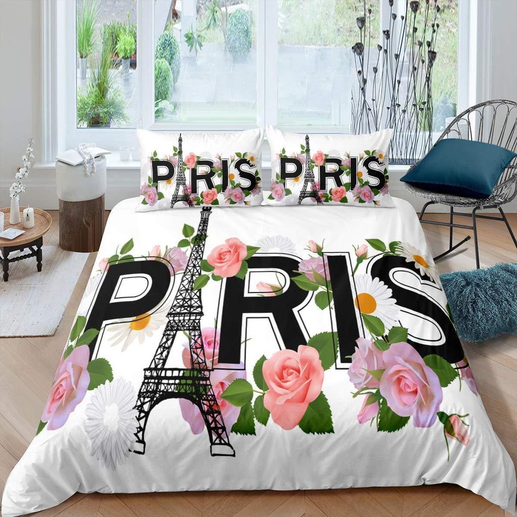 French Duvet Set Eiffel Tower Printed Bedding Sweet French Street Scene Pattern
