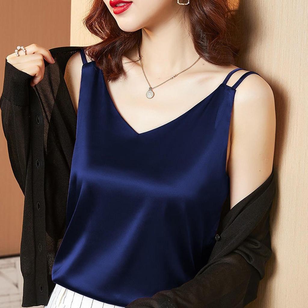 Women's Summer Casual V-Neck Solid Color Silk Sleeveless Loose T-Shirt Tank Tops
