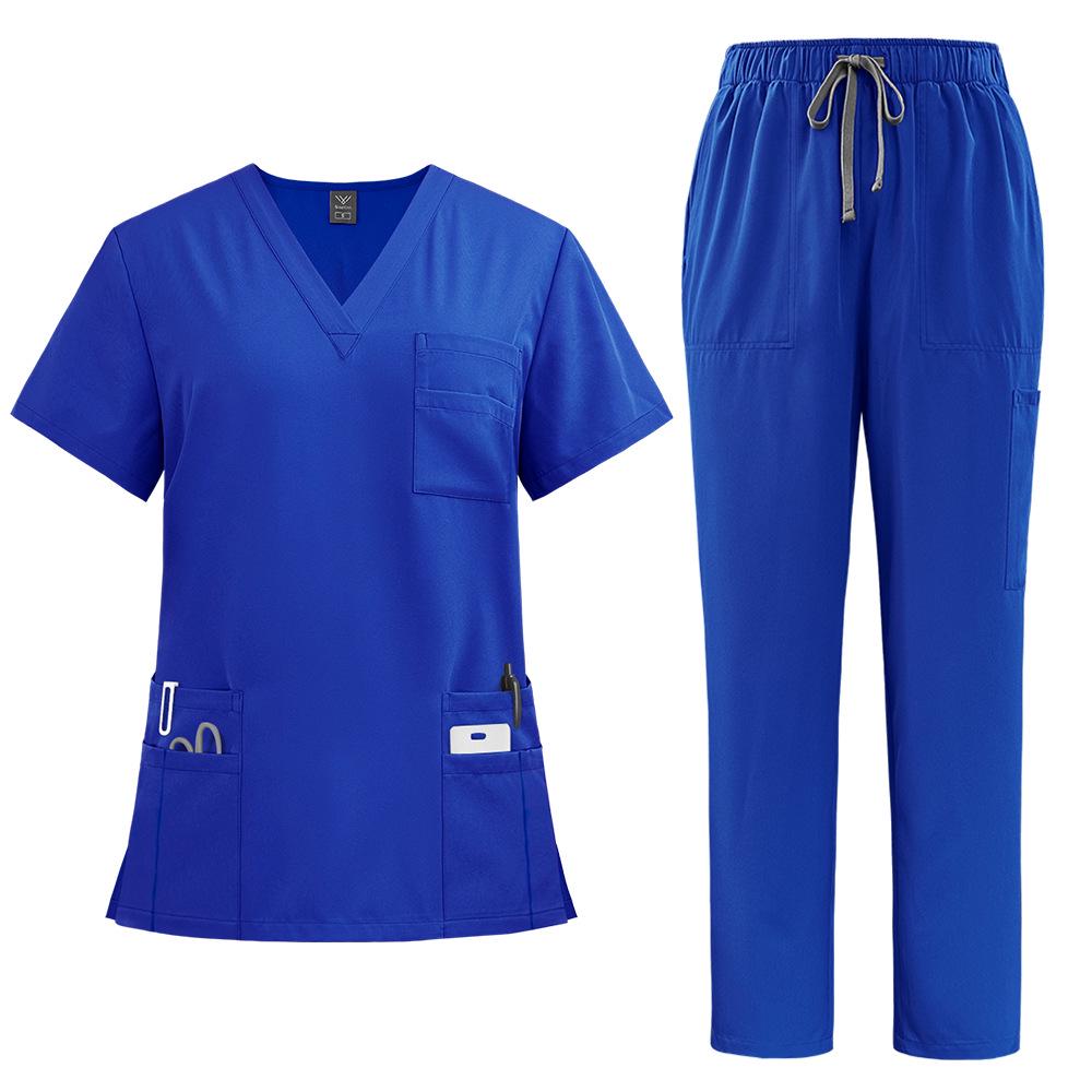 Unisex V-Neck Medical Work Scrub Suit with Pockets and Straight-Leg Pants