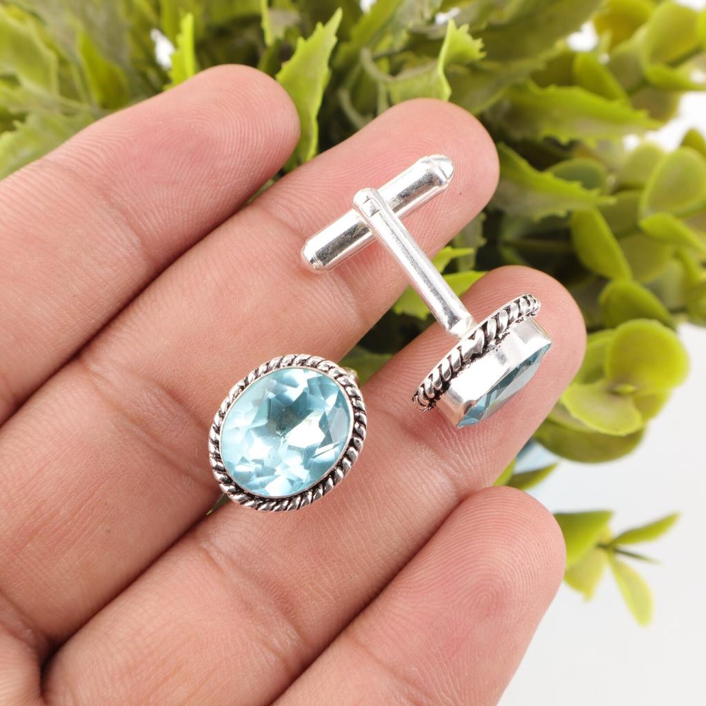 Sky Blue Topaz Gemstone 925 Sterling Silver Jewelry Cufflinks Men's Wedding Gift CL-1-13