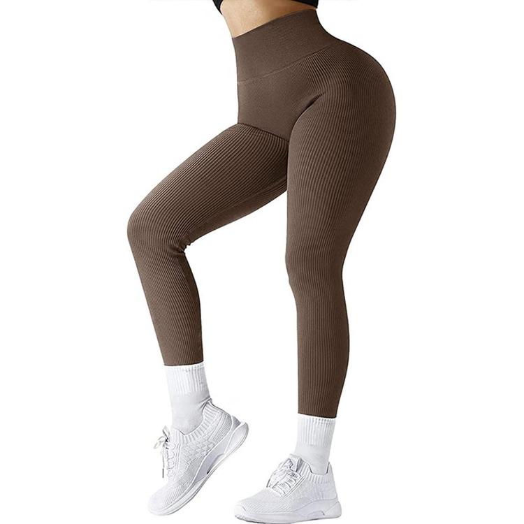 Women High Waisted Yoga Pants Ribbed Seamless Gym Leggings Solid Sport Fitness Running Training Tights Tummy Control Workout Female
