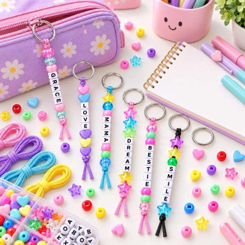 DIY Beaded Keychain Craft Kit, 566-Piece Set with Letter Beads, Cords and Metal Key Rings for Personalized Name Designs