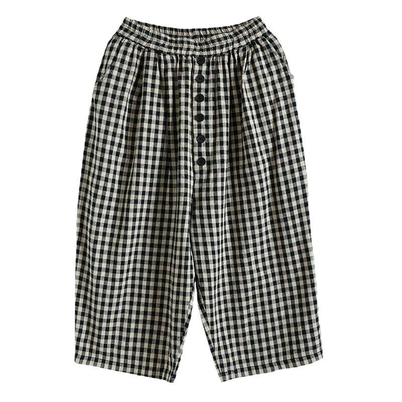 Women's Retro Plaid High-Waisted Wide-Leg Cropped Pants - Summer Lightweight Style