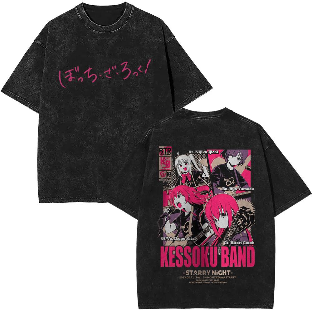Gewaschenes Vintage Anime Bocchi The Rock Gotoh Hitori Grafik T-Shirt Herren Damen Freizeit Baumwolle Übergroße T-Shirts Streetwear Unisex