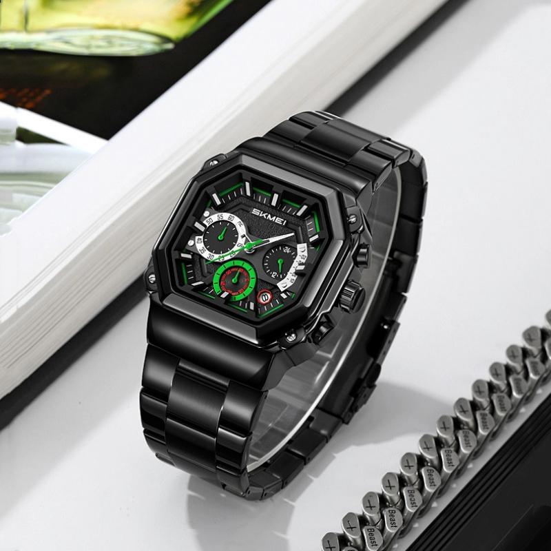 Skmei Luxury Stainless Steel Square Men Watch Chronograph Luminous Quartz Wristwatches Small Dial Work Male Waterproof Clock