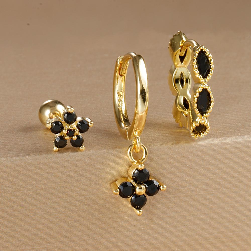 3PCS Fashion Gold Plated Chain Zircon Hanging Earrings Set for Women Stainless Steel Punk Flower Dangle Earring Piercing Jewelry