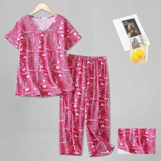 Women Cotton Pajama Set Short Sleeve Top with Capris Pants Sleepwear Set Summer Casual