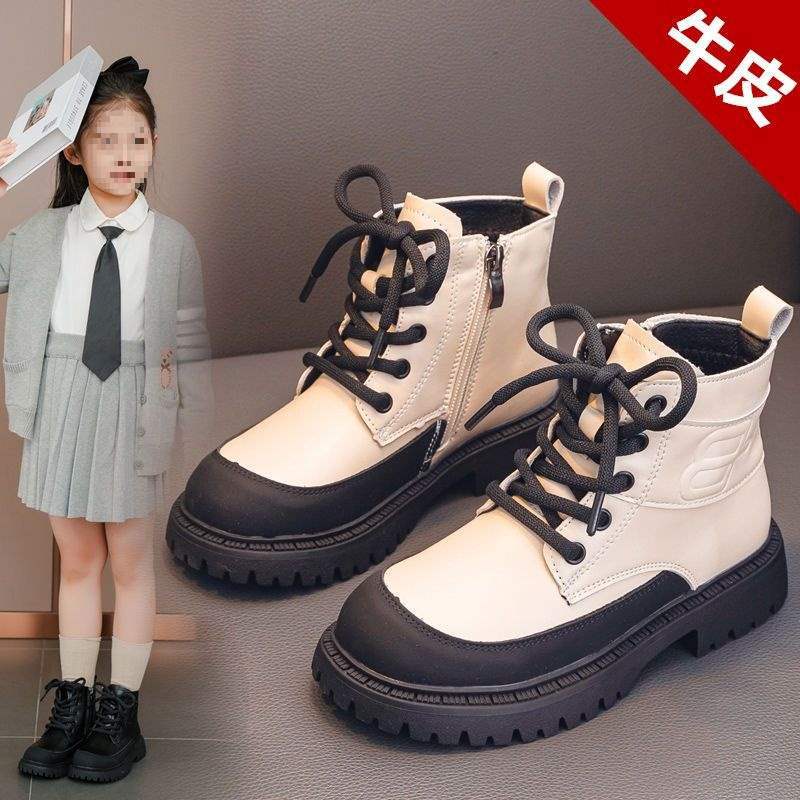 Girls short boots single boots cowhide 2025 autumn and winter new children's Martin boots velvet warm middle and older children's cotton boots