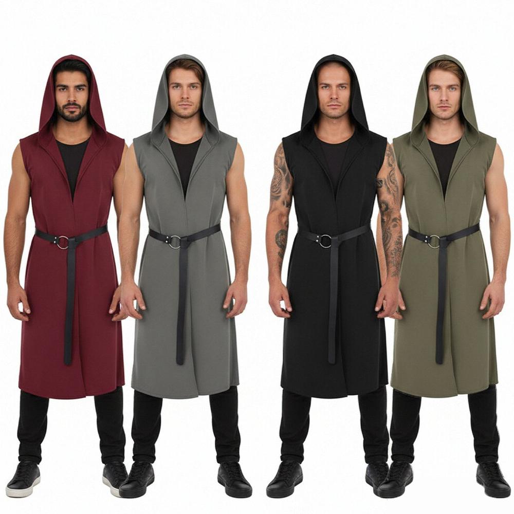 Mantello Cappotto Vintage Medievale Lunga Veste Senza Maniche con Cappuccio Scollo a V Profondo Aperto Davanti Vita Stretta Costume da Palco Halloween Mago Mantello