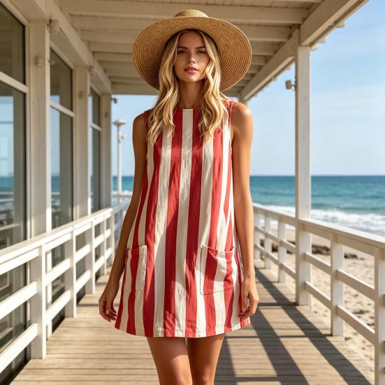 Vestido Casual para Mujer, Minivestido Camiseta sin Mangas de Cuello Redondo, Vestido de Verano a Rayas para Vacaciones con Bolsillos