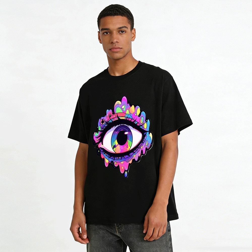 Psychedelic Art Style Colorful Eye Print Trendy Casual Top Pure cotton T-shirt