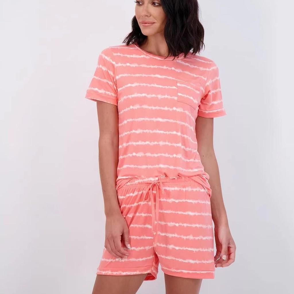 Womens Sleepwear Set With Short Sleeve Top And Shorts For Home And Lounge