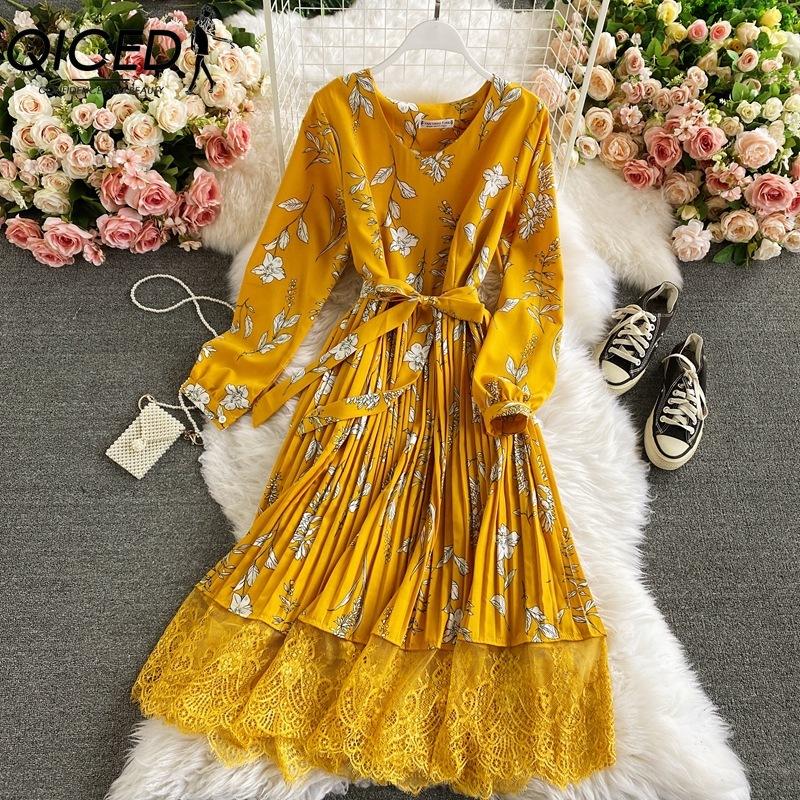 QICED 10 Color Retro Floral V-Neck Halter Waist Lace Dress Colored Fashion Long Dresses