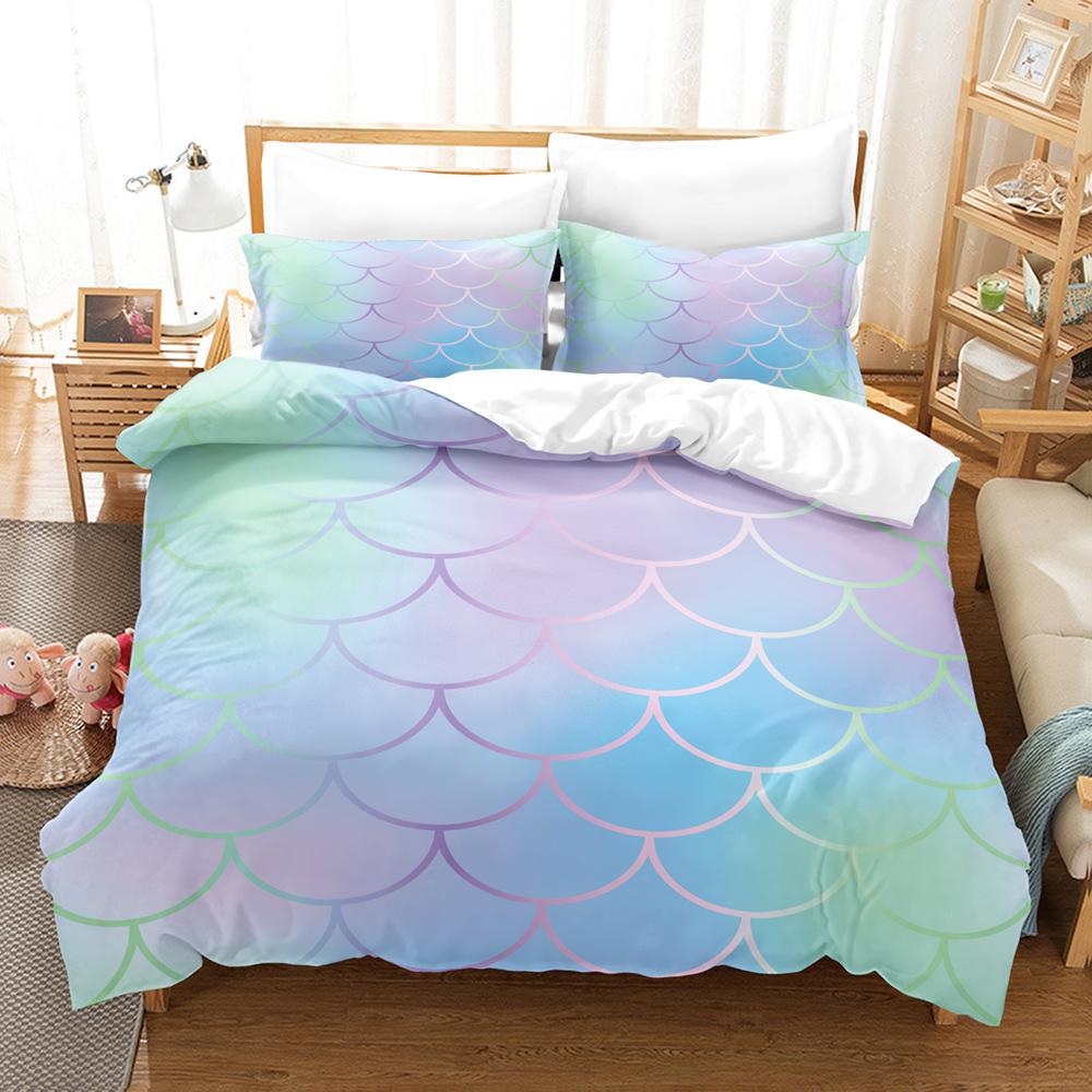 Laser Gradual Change Fish Scale 3D Digital Printing Three-Piece Set, Quilt Cover Pillowcase Home Textile Bed Sheet Kit