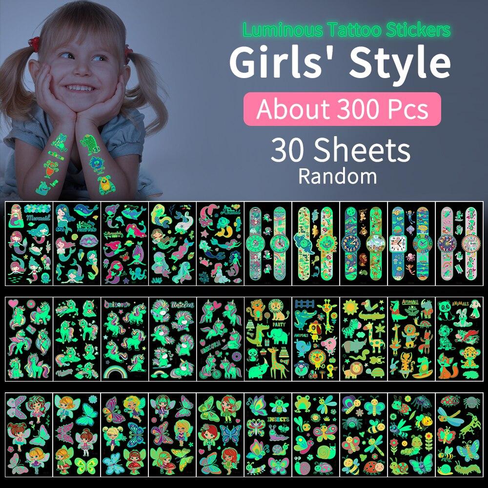 30 Stuks Glow in the Dark Tatoeage Stickers voor Kinderen Eenhoorn Vlinder Dinosaurier Zeemeermin Cartoon Lichaamskunst Cadeau