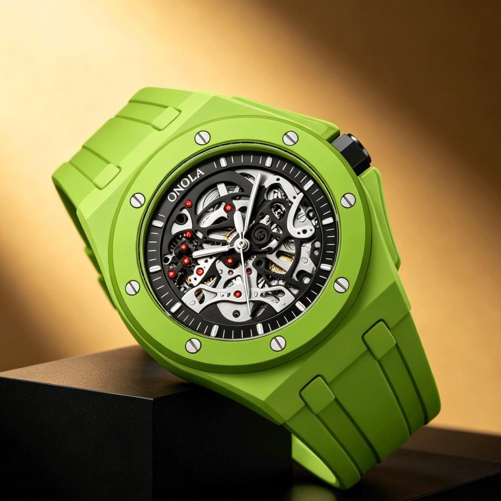 Herren Automatische Skelettuhr Hohl Mechanische Armbanduhren Leuchtend Wasserdicht Sportuhr Silikonarmband Bonbonfarbe