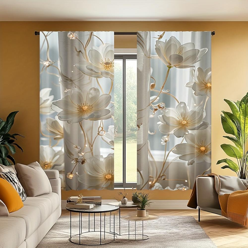 2pcs Gold Floral Crystal Print Curtains – Elegant White and Gold Blossom Design for Living Room Bedroom Office Kitchen and More