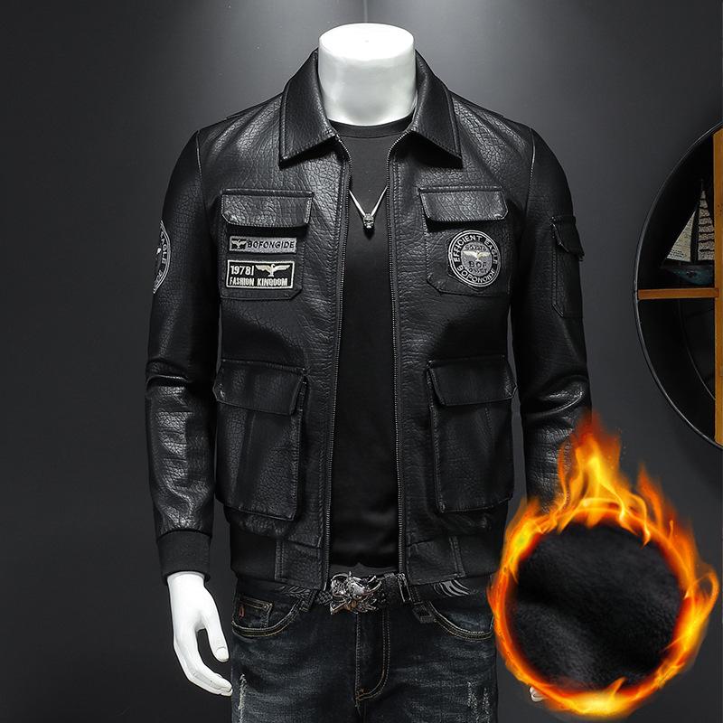 Padded Thick Male Casual Cardigan Autumn Winter Men Lapel Faux Leather Jacket Outerwear Fashion Streetwear Solid Motorcycle Coats