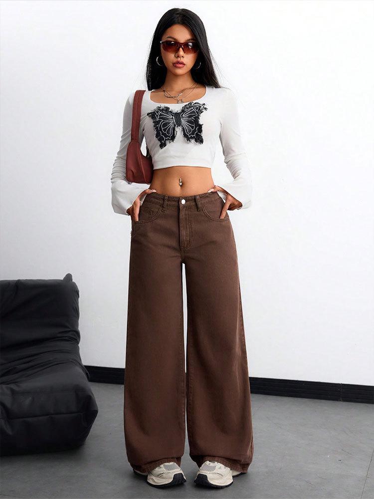 Multicolor European & American High-Waisted Loose Wide-Leg Floor-Length Casual Jeans for Women